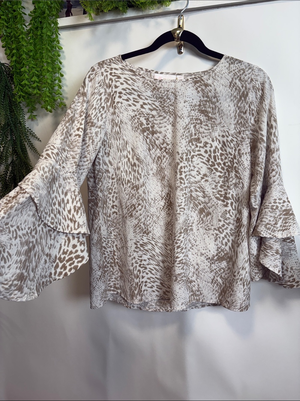 Belle by Kim Gravel Taupe Animal-Print Ruffle Sleeve Blouse